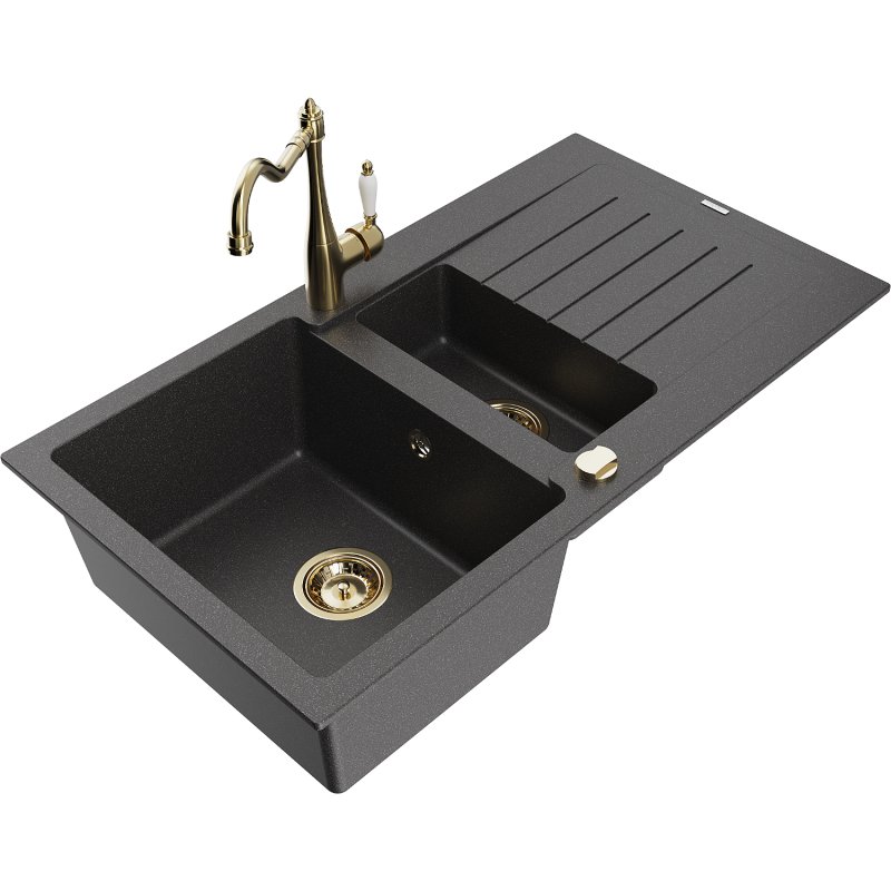 Mexen Matias zlewozmywak granitowy 1,5-komorowy z ociekaczem i baterią kuchenną Carla, czarny nakrapiany - 6502-76-670700-50