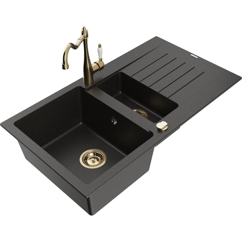 Mexen Matias zlewozmywak granitowy 1,5-komorowy z ociekaczem i baterią kuchenną Carla, czarny/złoty metalik