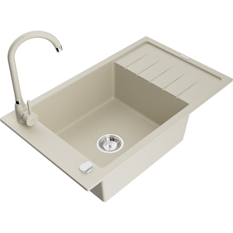 Mexen Elias zlewozmywak granitowy 1-komorowy z ociekaczem i baterią kuchenną Telma, beżowy