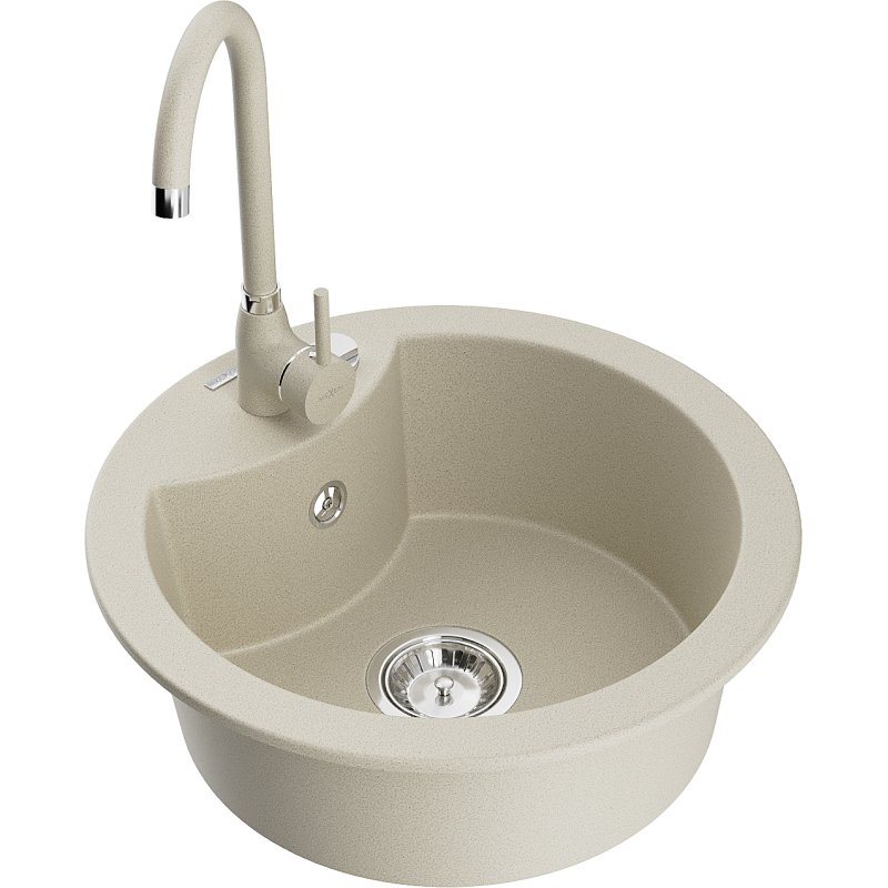 Mexen Diego zlewozmywak granitowy 1-komorowy z baterią kuchenną Telma, beżowy