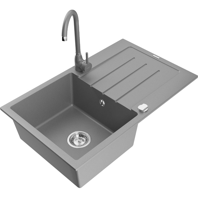 Mexen Bruno zlewozmywak granitowy 1-komorowy z ociekaczem i baterią kuchenną Telma, szary