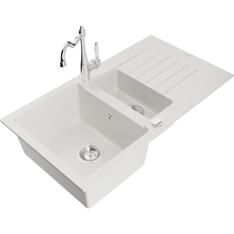 Mexen Matias zlewozmywak granitowy 1,5-komorowy z ociekaczem i baterią kuchenną Carla, biały