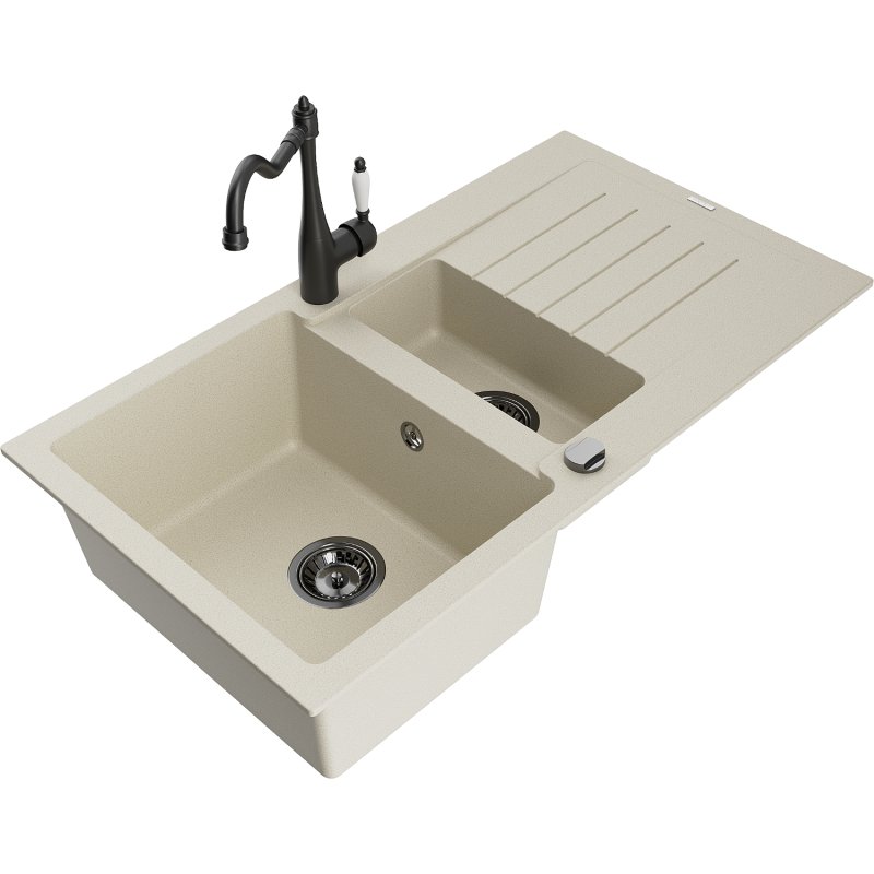 Mexen Matias zlewozmywak granitowy 1,5-komorowy z ociekaczem i baterią kuchenną Carla, beżowy