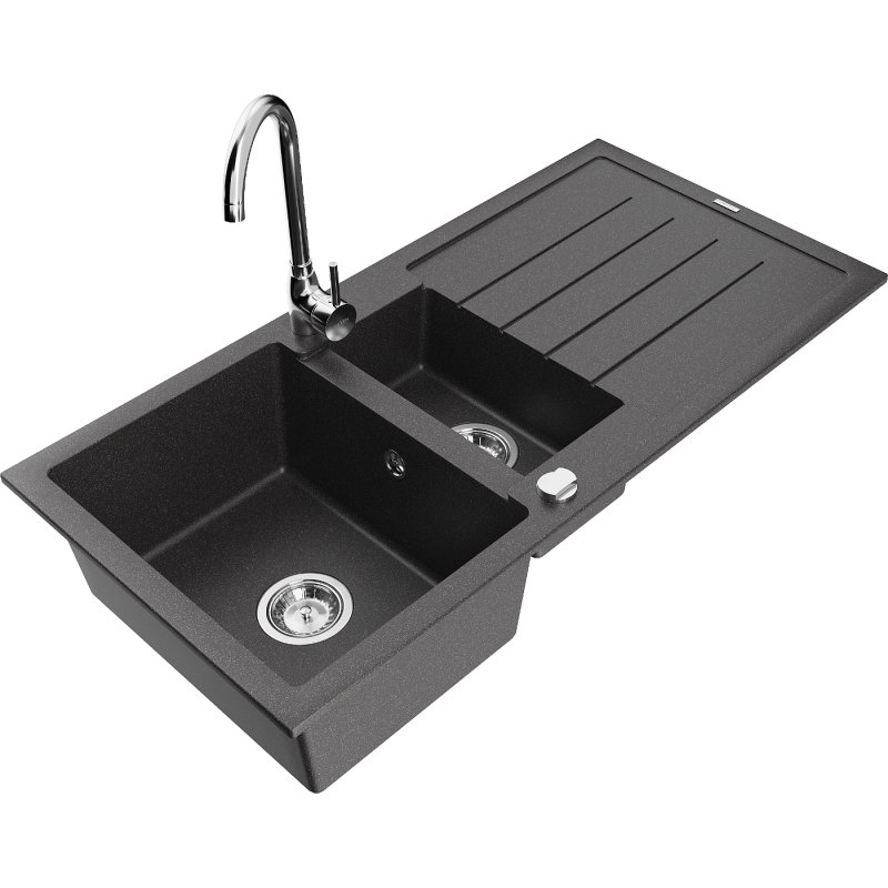 Mexen Andres zlewozmywak granitowy 1,5-komorowy z ociekaczem i baterią kuchenną Telma, czarny nakrapiany
