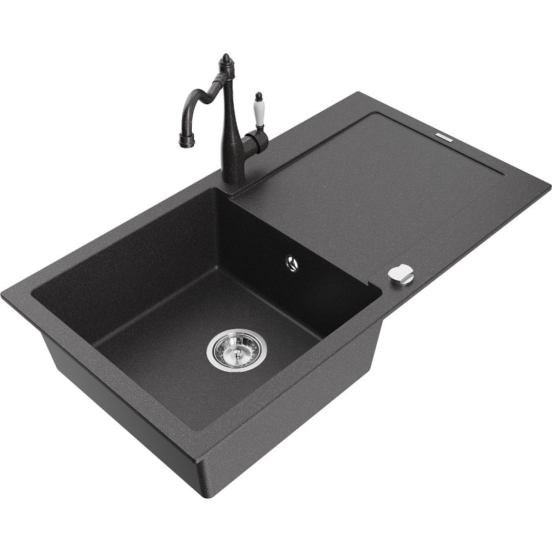 Mexen Leo zlewozmywak granitowy 1-komorowy z ociekaczem i baterią kuchenną Carla, czarny nakrapiany