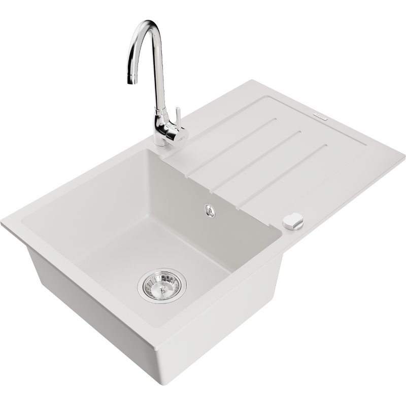 Mexen Bruno zlewozmywak granitowy 1-komorowy z ociekaczem i baterią kuchenną Telma, biały