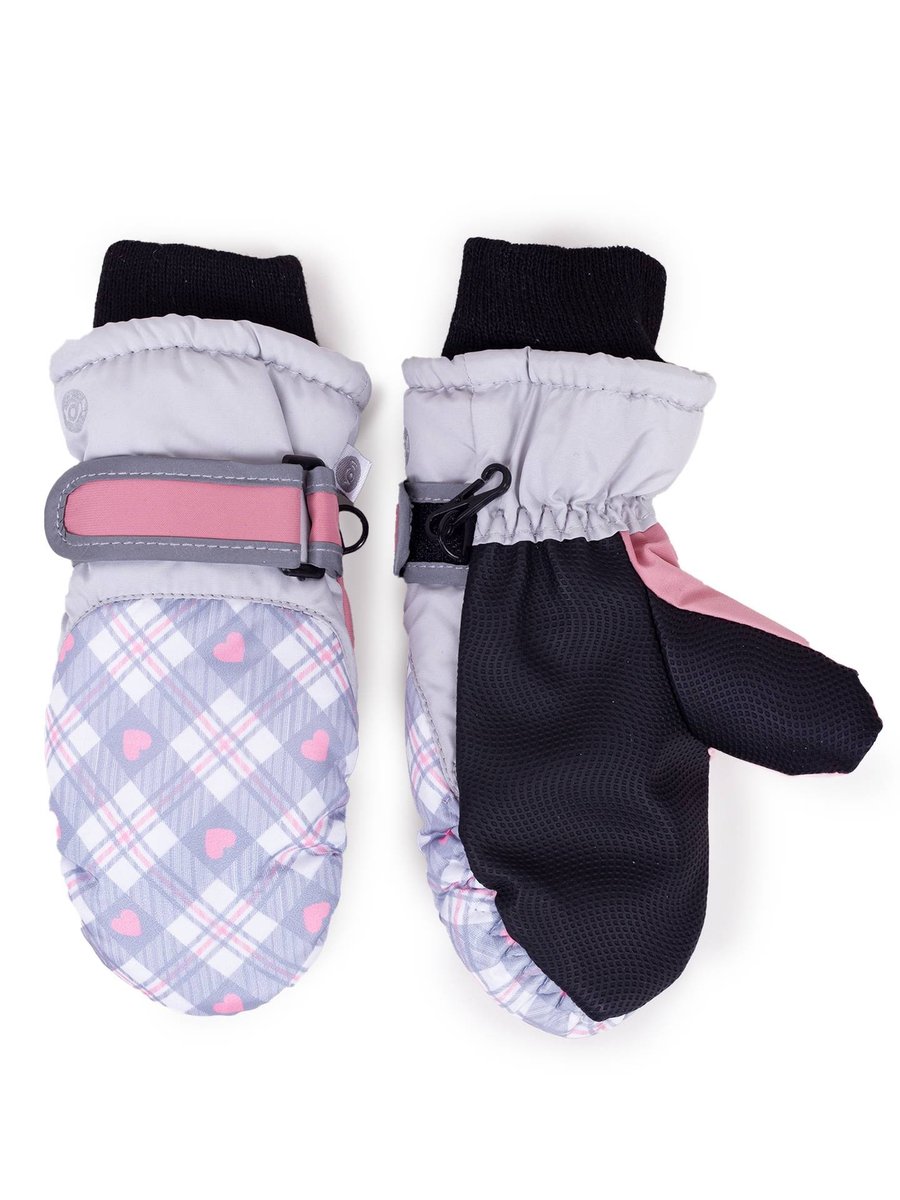 Rękawiczki narciarskie dziewczęce jednopalczaste w kratkę ściągacz 14 cm