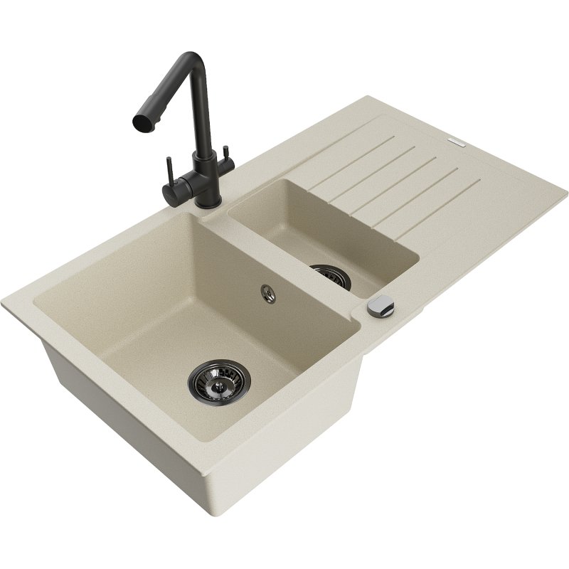 Mexen Matias zlewozmywak granitowy 1,5-komorowy z ociekaczem i baterią kuchenną Duero, beżowy