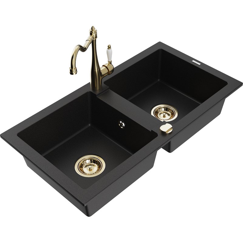Mexen Mario zlewozmywak granitowy 2-komorowy z baterią kuchenną Carla, czarny