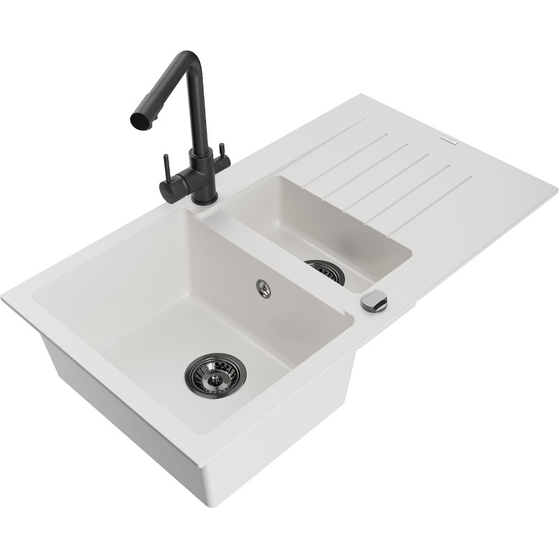 Mexen Matias zlewozmywak granitowy 1,5-komorowy z ociekaczem i baterią kuchenną Duero, biały