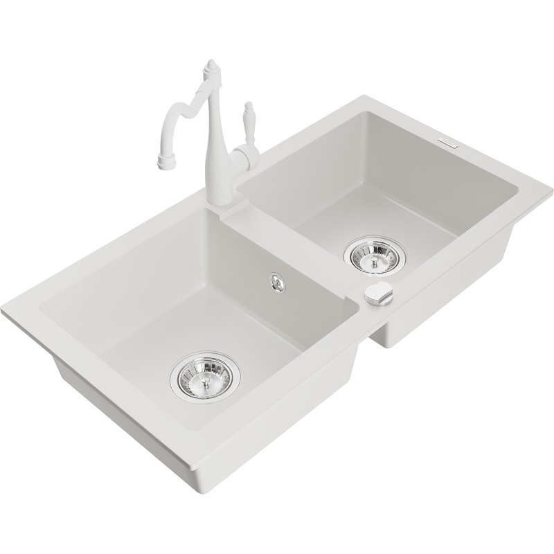 Mexen Mario zlewozmywak granitowy 2-komorowy z baterią kuchenną Carla, biały