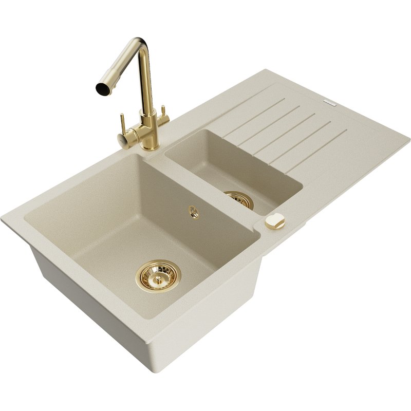 Mexen Matias zlewozmywak granitowy 1,5-komorowy z ociekaczem i baterią kuchenną Duero, beżowy