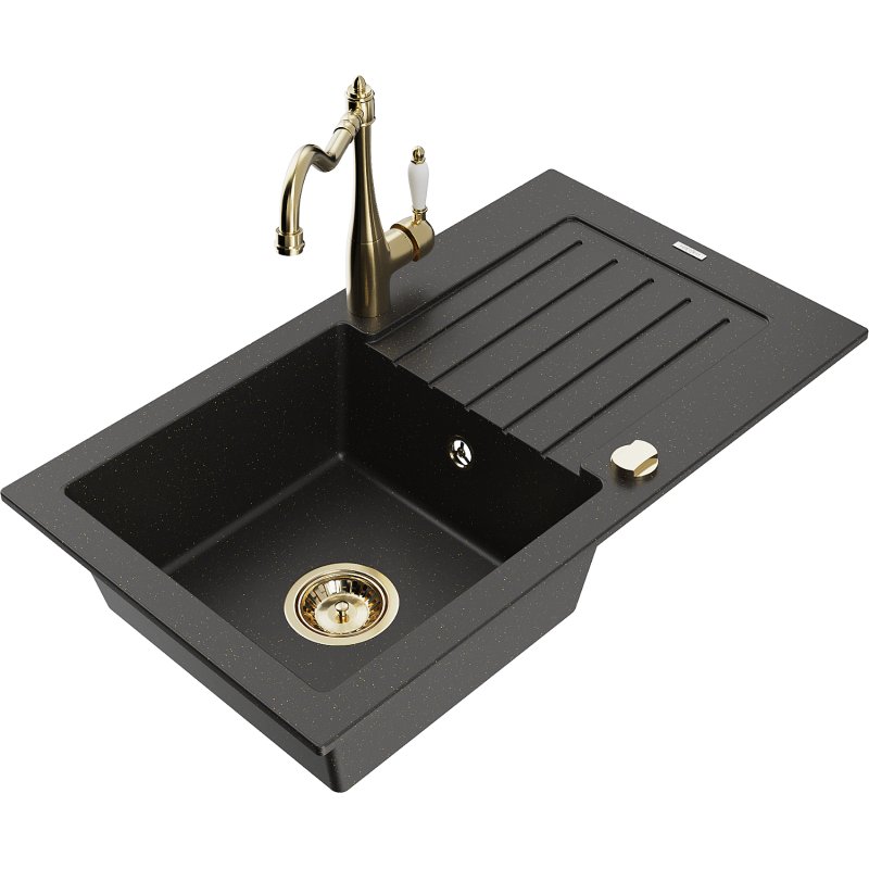 Mexen Pablo zlewozmywak granitowy 1-komorowy z ociekaczem i baterią kuchenną Carla, czarny/złoty metalik