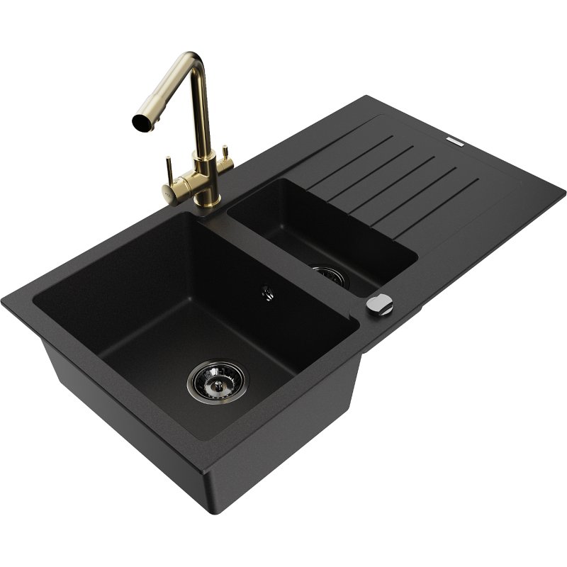 Mexen Matias zlewozmywak granitowy 1,5-komorowy z ociekaczem i baterią kuchenną Duero, czarny