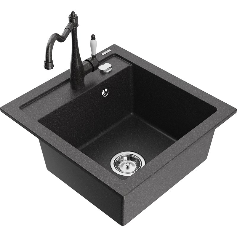 Mexen Vito zlewozmywak granitowy 1-komorowy z baterią kuchenną Carla, czarny nakrapiany