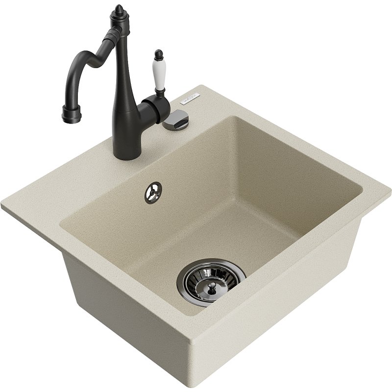 Mexen Milo zlewozmywak granitowy 1-komorowy z baterią kuchenną Carla, beżowy