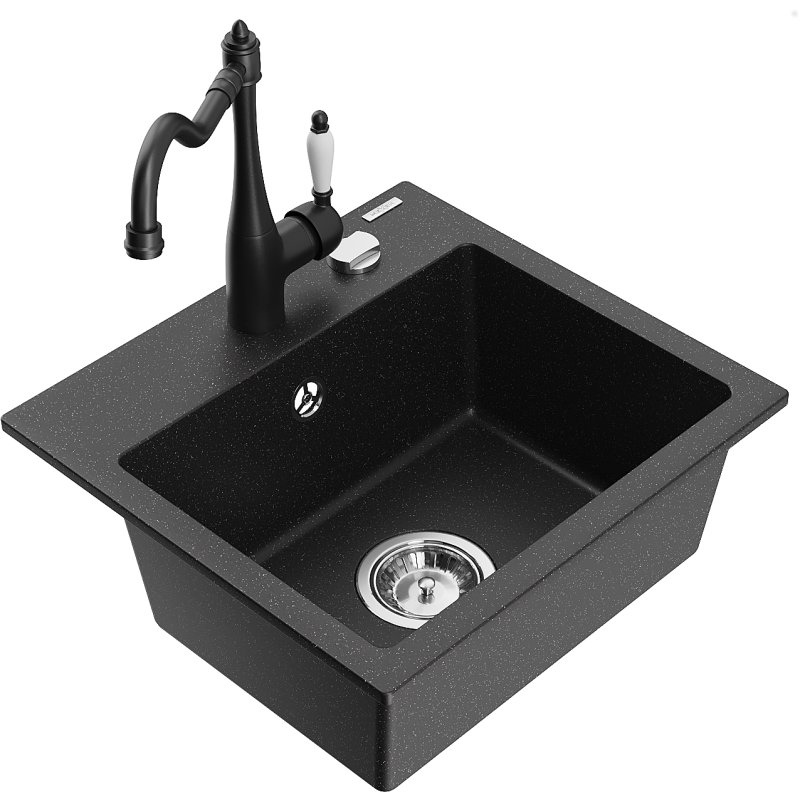 Mexen Milo zlewozmywak granitowy 1-komorowy z baterią kuchenną Carla, czarny/srebrny metalik