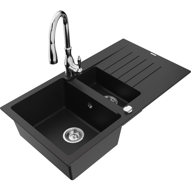 Mexen Matias zlewozmywak granitowy 1,5-komorowy z ociekaczem i baterią kuchenną Savita, czarny