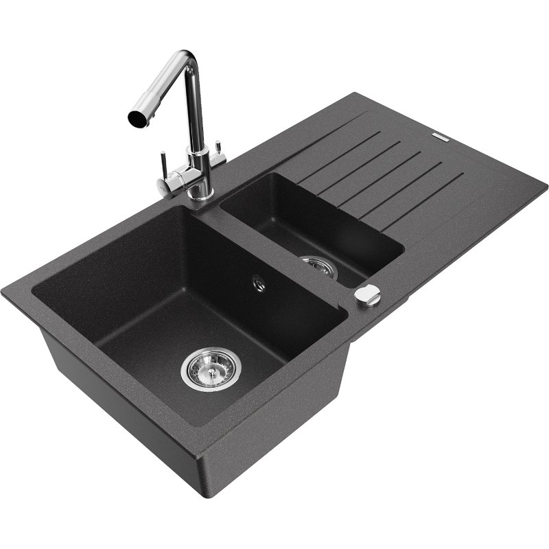 Mexen Matias zlewozmywak granitowy 1,5-komorowy z ociekaczem i baterią kuchenną Duero, czarny nakrapiany