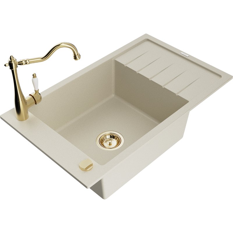 Mexen Elias zlewozmywak granitowy 1-komorowy z ociekaczem i baterią kuchenną Carla, beżowy