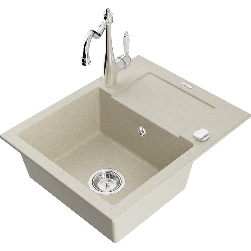 Mexen Enzo zlewozmywak granitowy 1-komorowy z ociekaczem i baterią kuchenną Carla, beżowy
