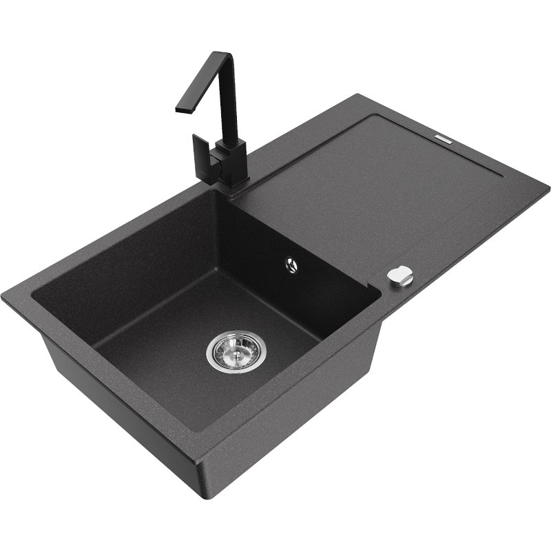 Mexen Leo zlewozmywak granitowy 1-komorowy z ociekaczem i baterią kuchenną Rita, czarny nakrapiany