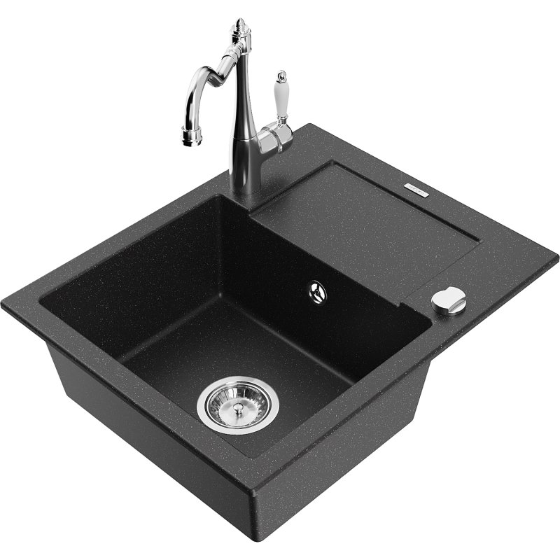 Mexen Enzo zlewozmywak granitowy 1-komorowy z ociekaczem i baterią kuchenną Carla, czarny/srebrny metalik