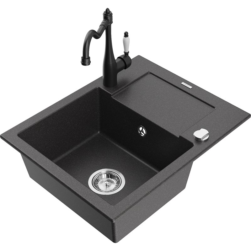 Mexen Enzo zlewozmywak granitowy 1-komorowy z ociekaczem i baterią kuchenną Carla, czarny nakrapiany