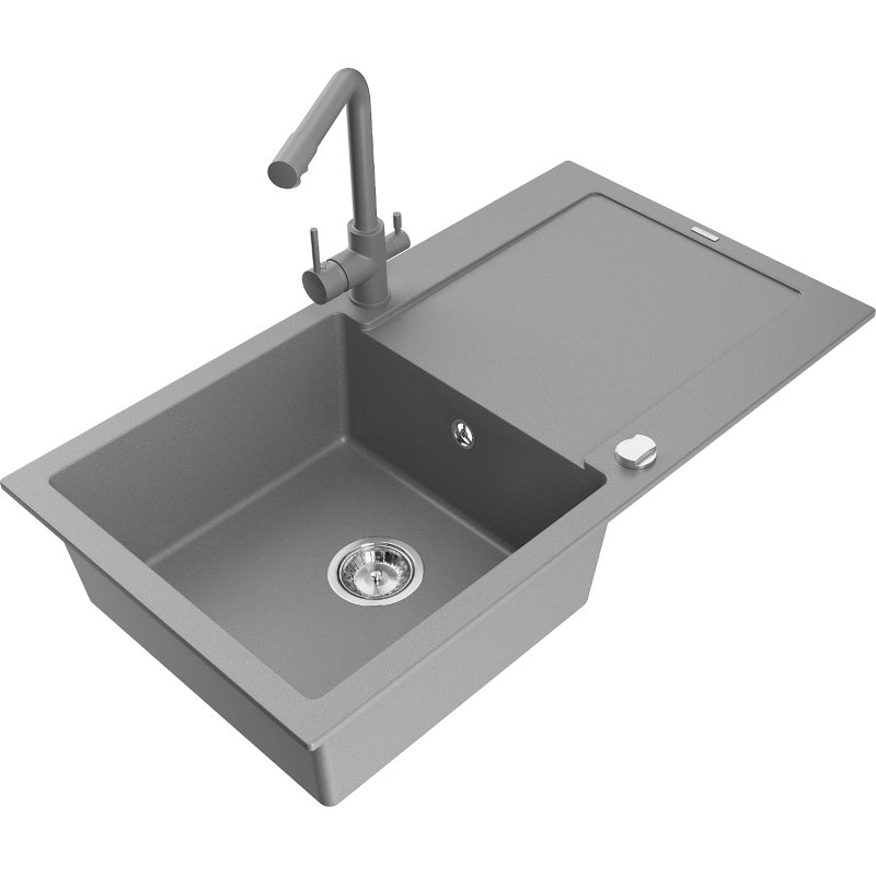 Mexen Leo zlewozmywak granitowy 1-komorowy z ociekaczem i baterią kuchenną Duero, szary