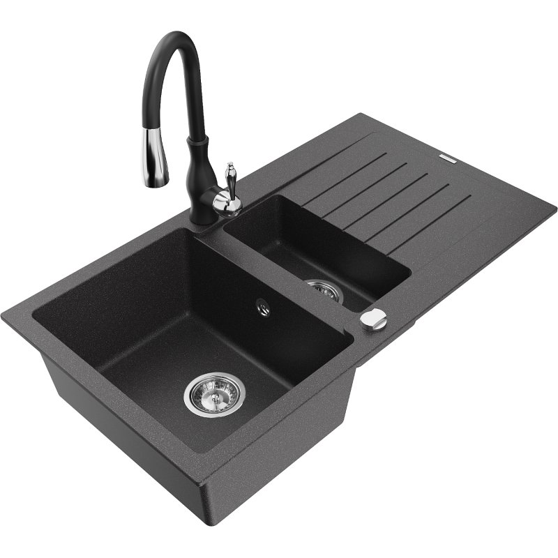 Mexen Matias zlewozmywak granitowy 1,5-komorowy z ociekaczem i baterią kuchenną Savita, czarny nakrapiany