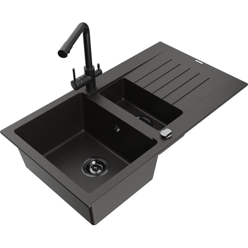 Mexen Matias zlewozmywak granitowy 1,5-komorowy z ociekaczem i baterią kuchenną Duero, czarny/złoty