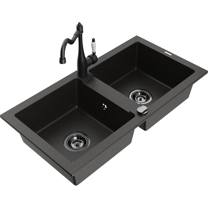 Mexen Mario zlewozmywak granitowy 2-komorowy z baterią kuchenną Carla, czarny/złoty metalik