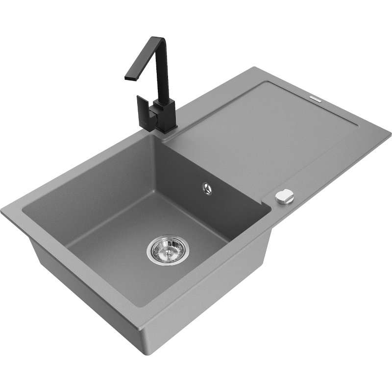 Mexen Leo zlewozmywak granitowy 1-komorowy z ociekaczem i baterią kuchenną Rita, szary