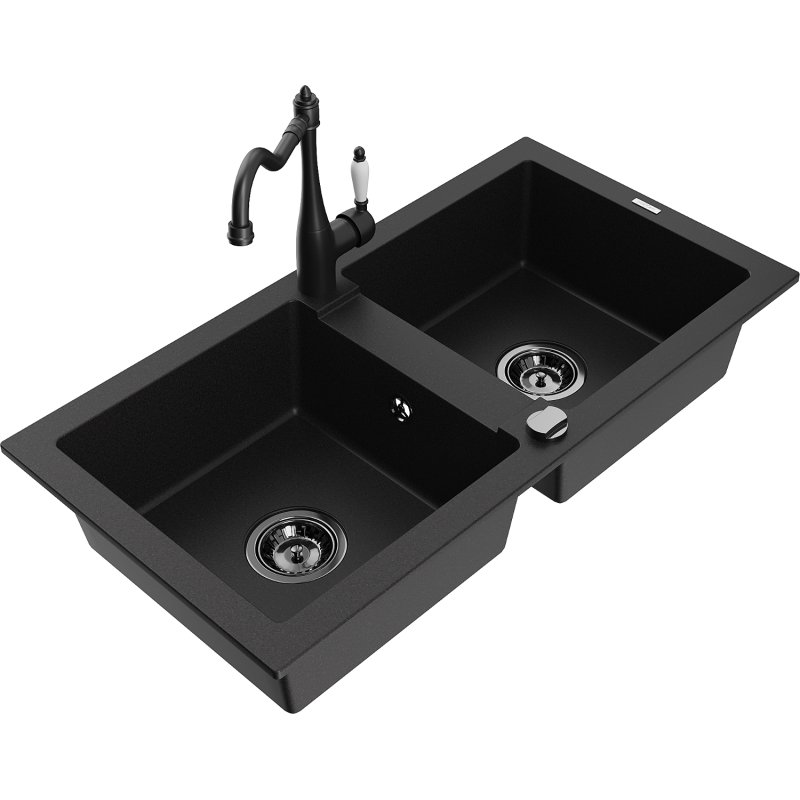 Mexen Mario zlewozmywak granitowy 2-komorowy z baterią kuchenną Carla, czarny