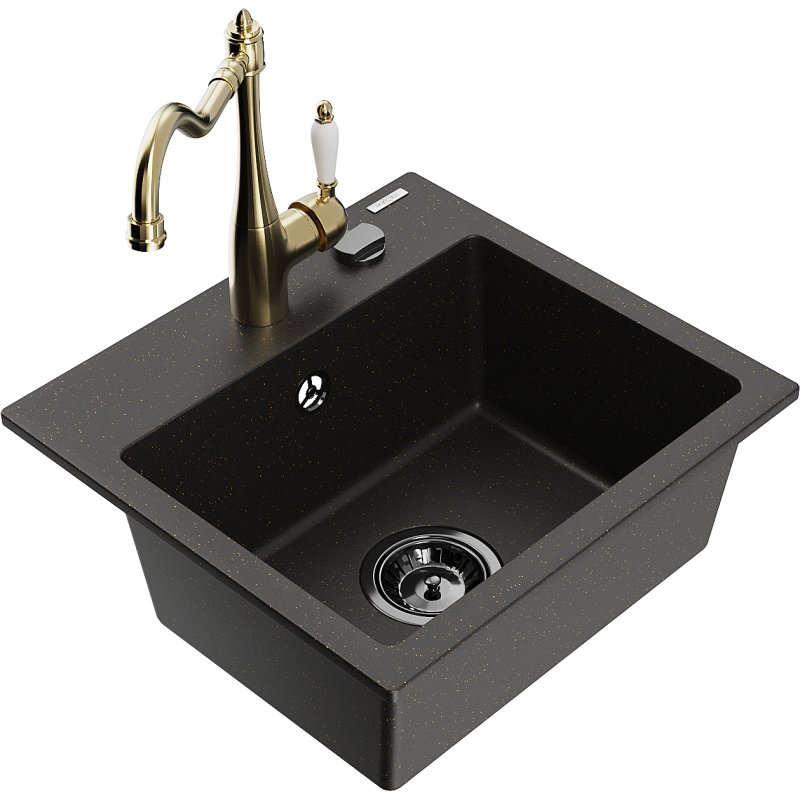 Mexen Milo zlewozmywak granitowy 1-komorowy z baterią kuchenną Carla, czarny/złoty metalik