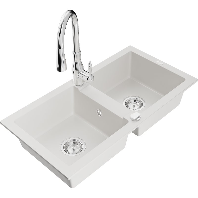 Mexen Mario zlewozmywak granitowy 2-komorowy z baterią kuchenną Savita, biały