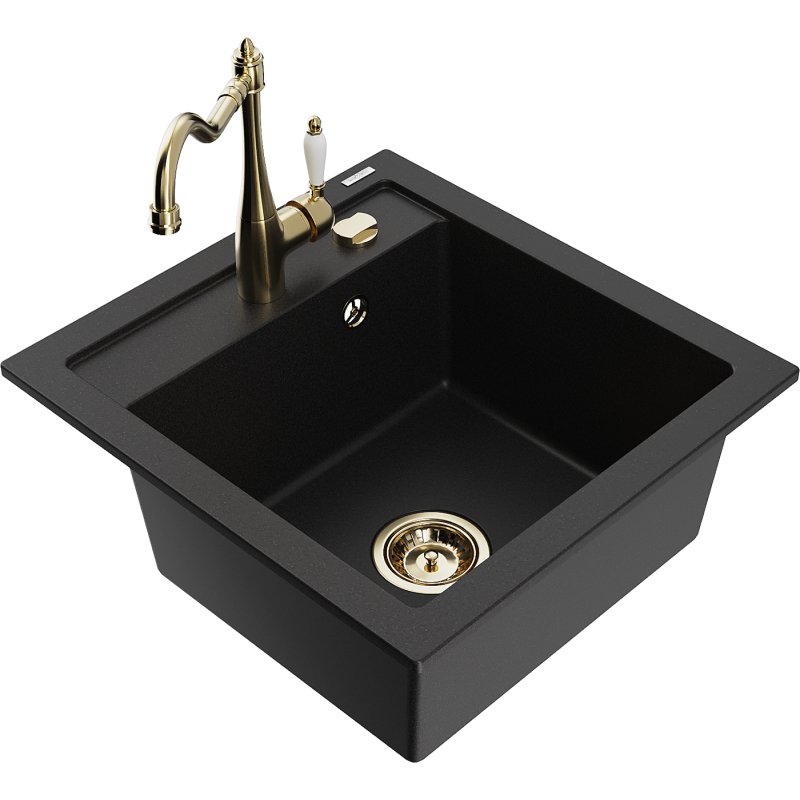 Mexen Vito zlewozmywak granitowy 1-komorowy z baterią kuchenną Carla, czarny