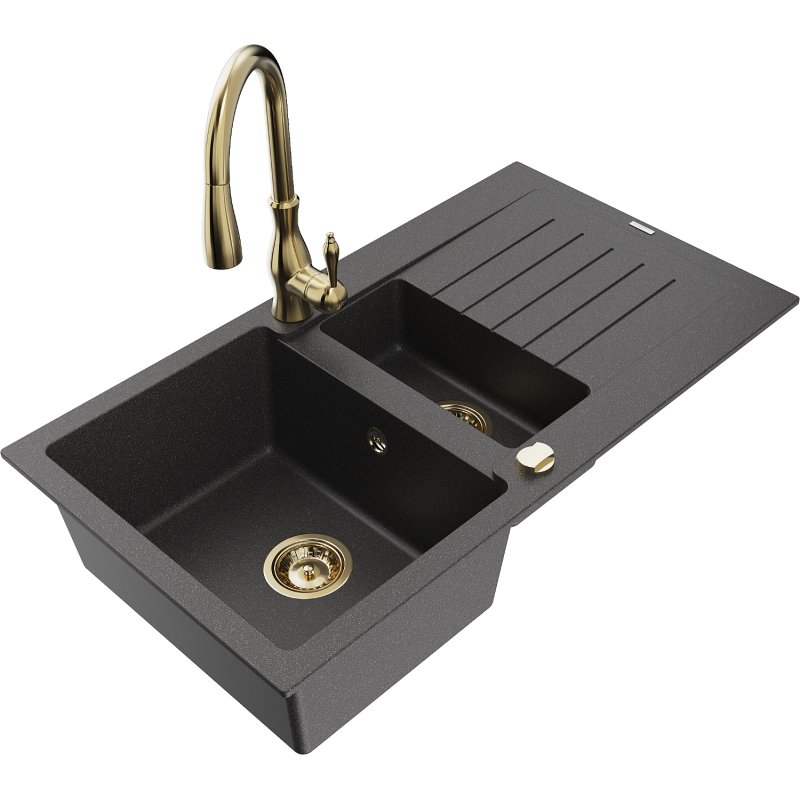 Mexen Matias zlewozmywak granitowy 1,5-komorowy z ociekaczem i baterią kuchenną Savita, czarny nakrapiany