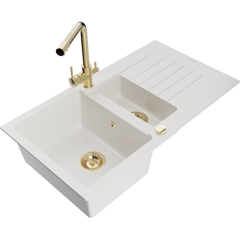 Mexen Matias zlewozmywak granitowy 1,5-komorowy z ociekaczem i baterią kuchenną Duero, biały