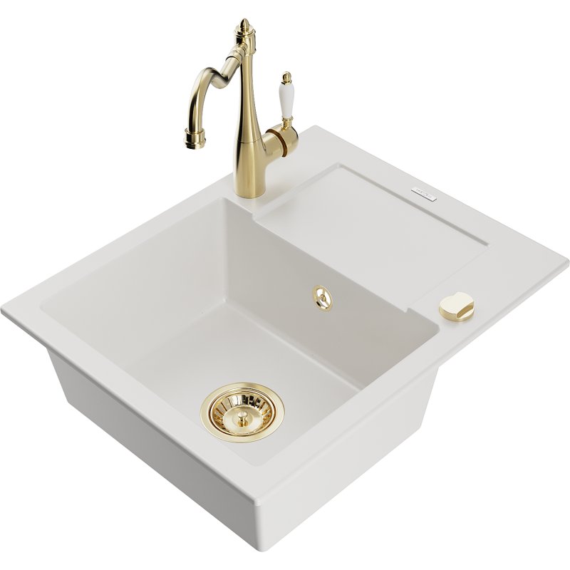 Mexen Enzo zlewozmywak granitowy 1-komorowy z ociekaczem i baterią kuchenną Carla, biały