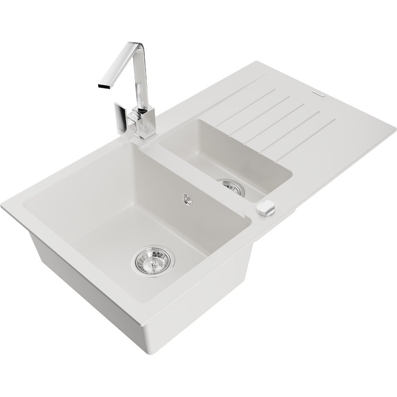 Mexen Matias zlewozmywak granitowy 1,5-komorowy z ociekaczem i baterią kuchenną Rita, biały