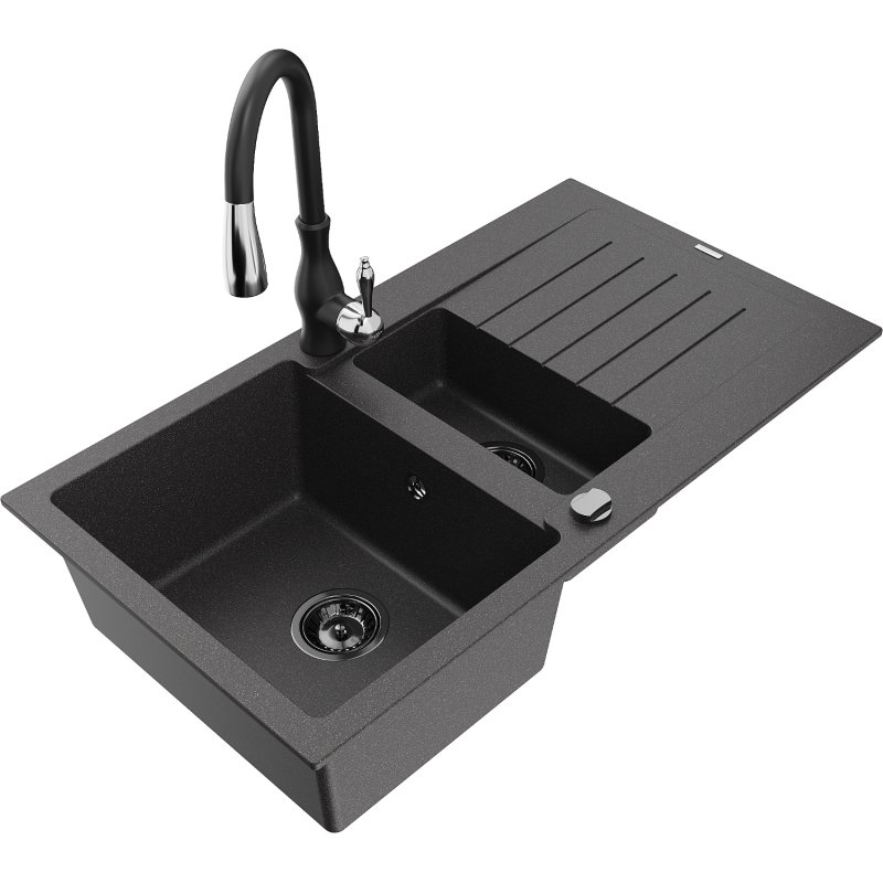 Mexen Matias zlewozmywak granitowy 1,5-komorowy z ociekaczem i baterią kuchenną Savita, czarny nakrapiany