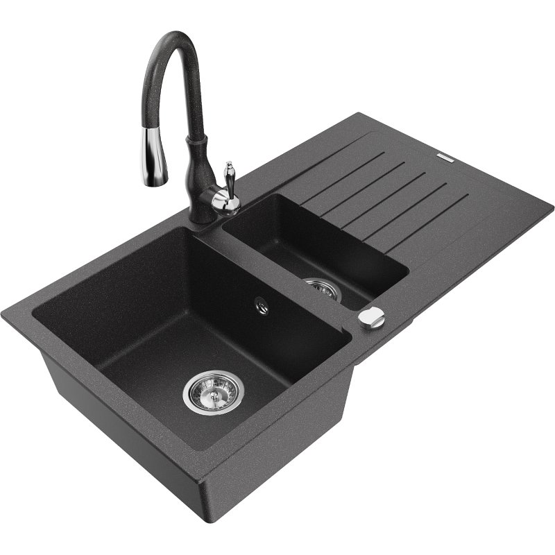 Mexen Matias zlewozmywak granitowy 1,5-komorowy z ociekaczem i baterią kuchenną Savita, czarny nakrapiany