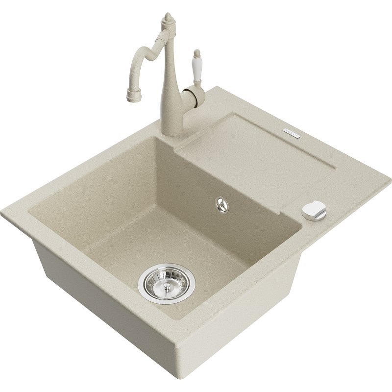 Mexen Enzo zlewozmywak granitowy 1-komorowy z ociekaczem i baterią kuchenną Carla, beżowy