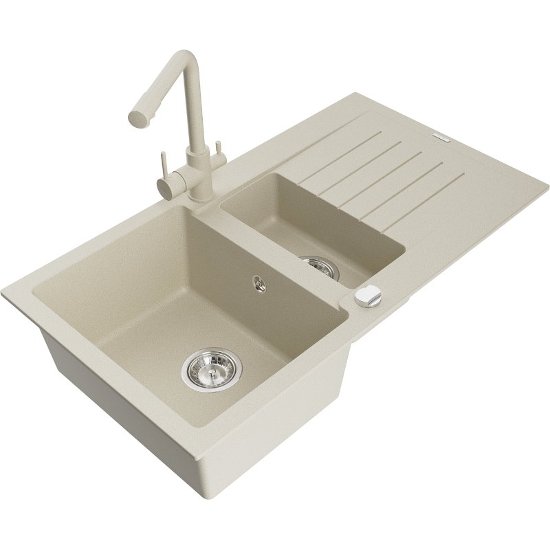 Mexen Matias zlewozmywak granitowy 1,5-komorowy z ociekaczem i baterią kuchenną Duero, beżowy