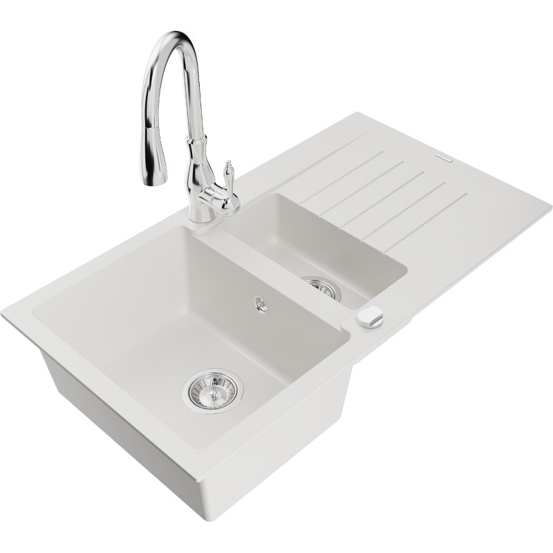 Mexen Matias zlewozmywak granitowy 1,5-komorowy z ociekaczem i baterią kuchenną Savita, biały