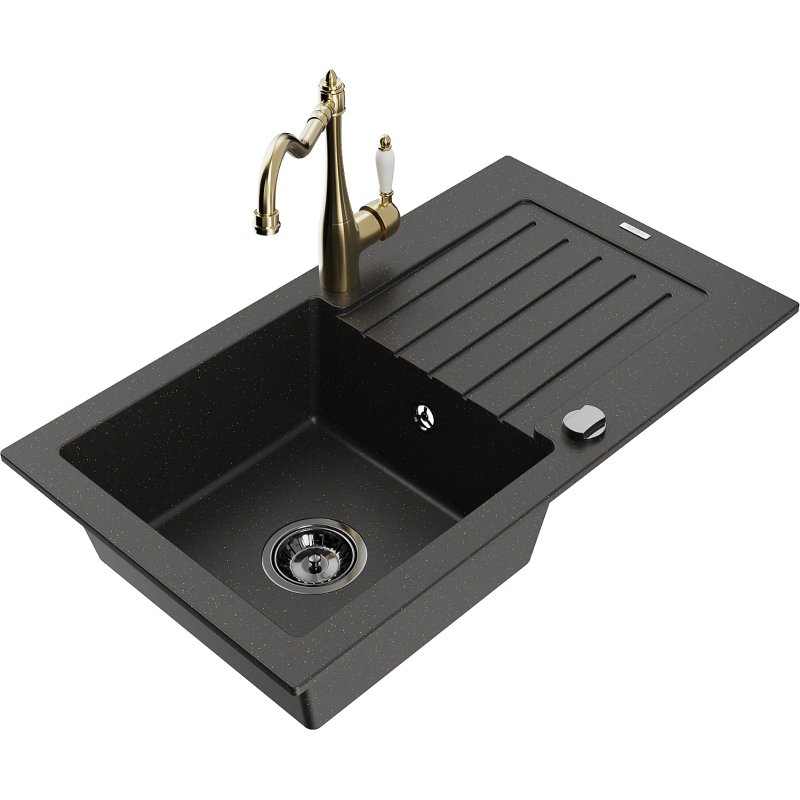 Mexen Pablo zlewozmywak granitowy 1-komorowy z ociekaczem i baterią kuchenną Carla, czarny/złoty metalik