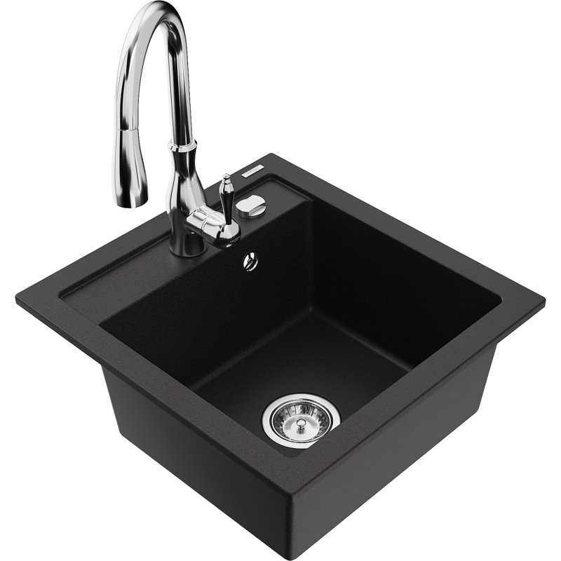 Mexen Vito zlewozmywak granitowy 1-komorowy z baterią kuchenną Savita, czarny