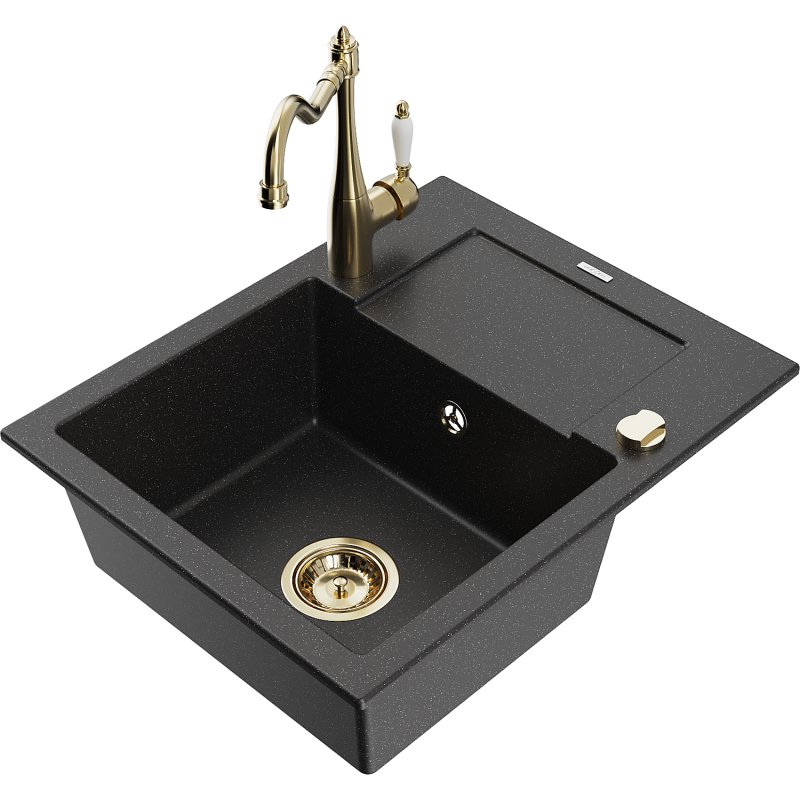 Mexen Enzo zlewozmywak granitowy 1-komorowy z ociekaczem i baterią kuchenną Carla, czarny/srebrny metalik