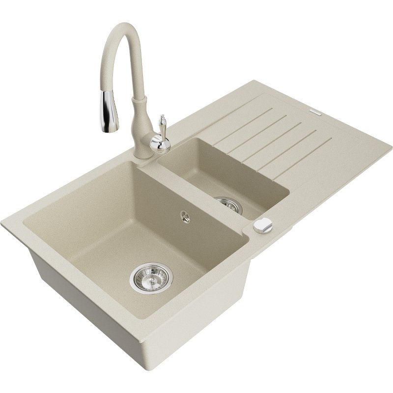 Mexen Matias zlewozmywak granitowy 1,5-komorowy z ociekaczem i baterią kuchenną Savita, beżowy